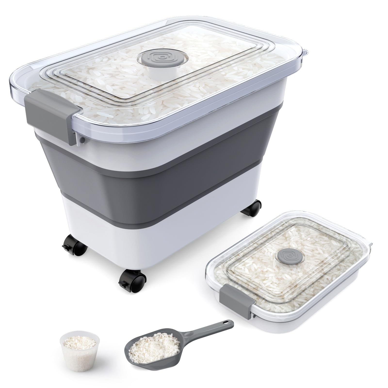 Komzon contenedor arroz plegable con tapa transparente y ruedas para un almacenamiento ordenado.
