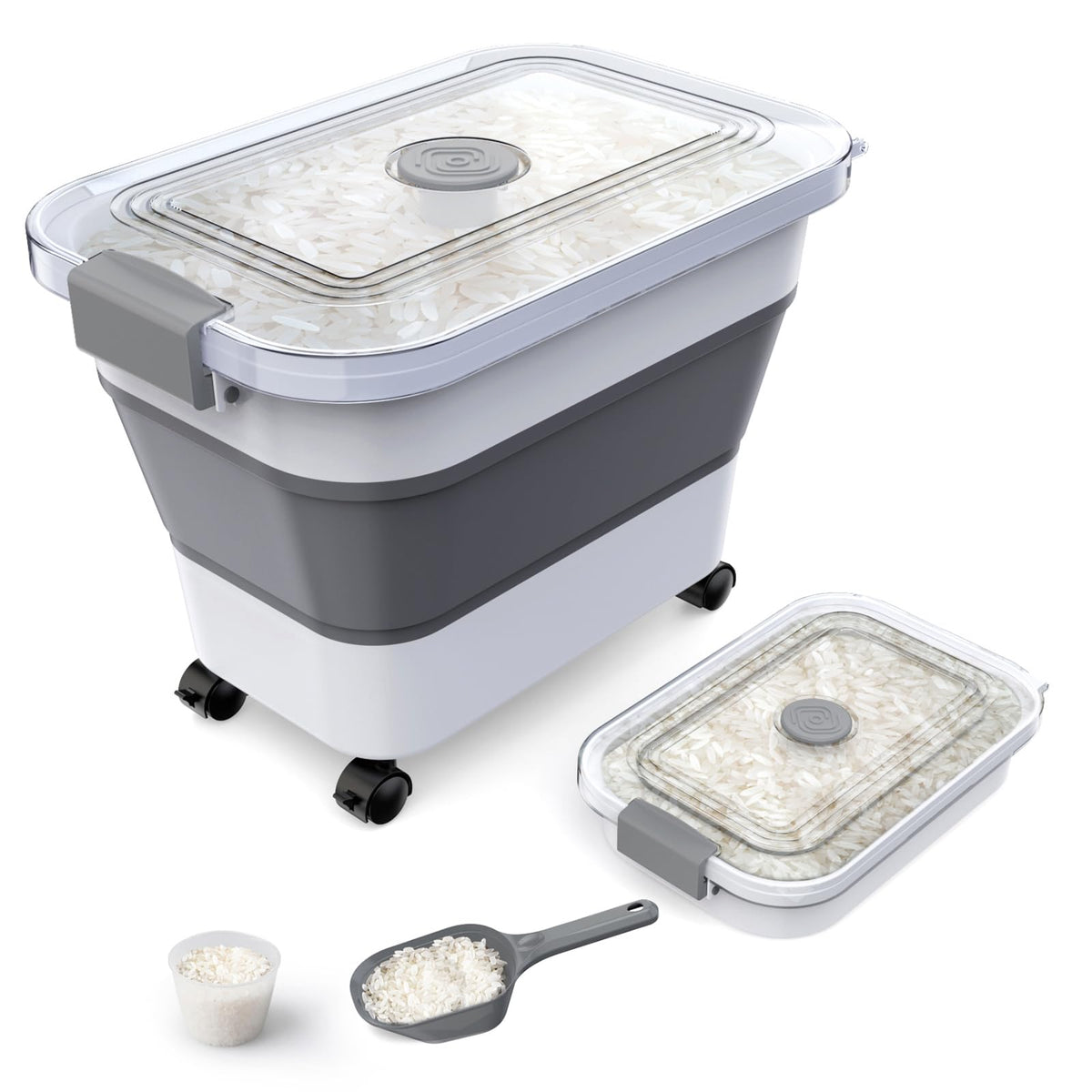 Komzon contenedor arroz plegable con tapa transparente y ruedas para un almacenamiento ordenado.