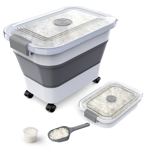 Komzon contenedor arroz plegable con tapa transparente y ruedas para un almacenamiento ordenado.