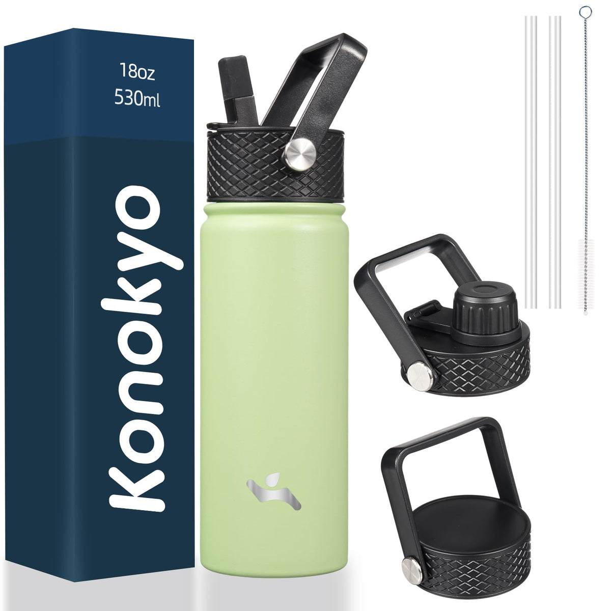 Botella Konokyo 18oz aislada en verde macaron, mantiene frío por largas horas.
