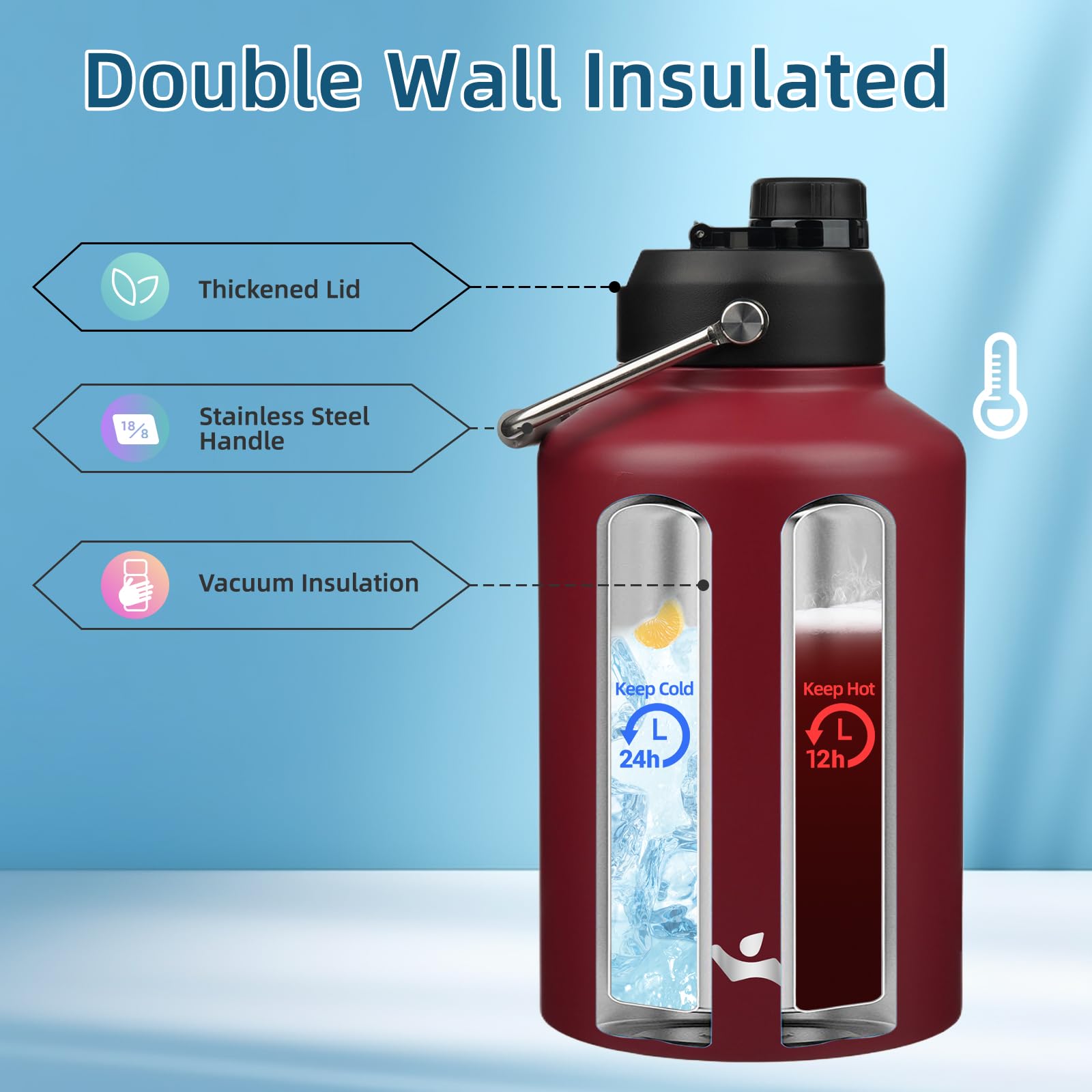 Konokyo botella 1 gal de doble pared, aislada para bebidas frías o calientes.