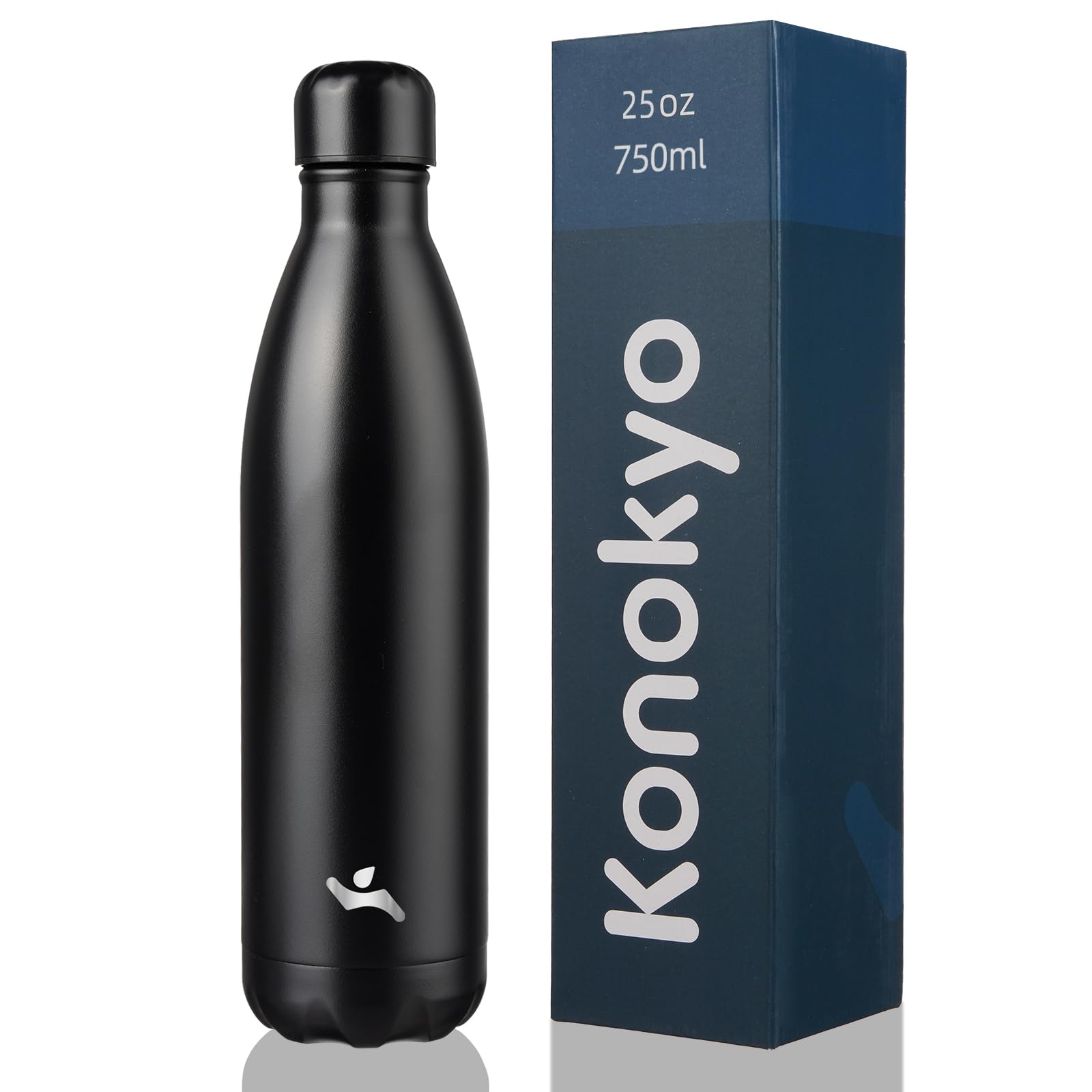 Botella Konokyo 25 onzas frente, diseño elegante y aislamiento que mantiene bebidas frías o calientes