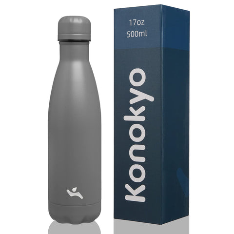 Konokyo botella de agua aislada 17oz gris, vista frontal, ideal para mantener bebidas frías.