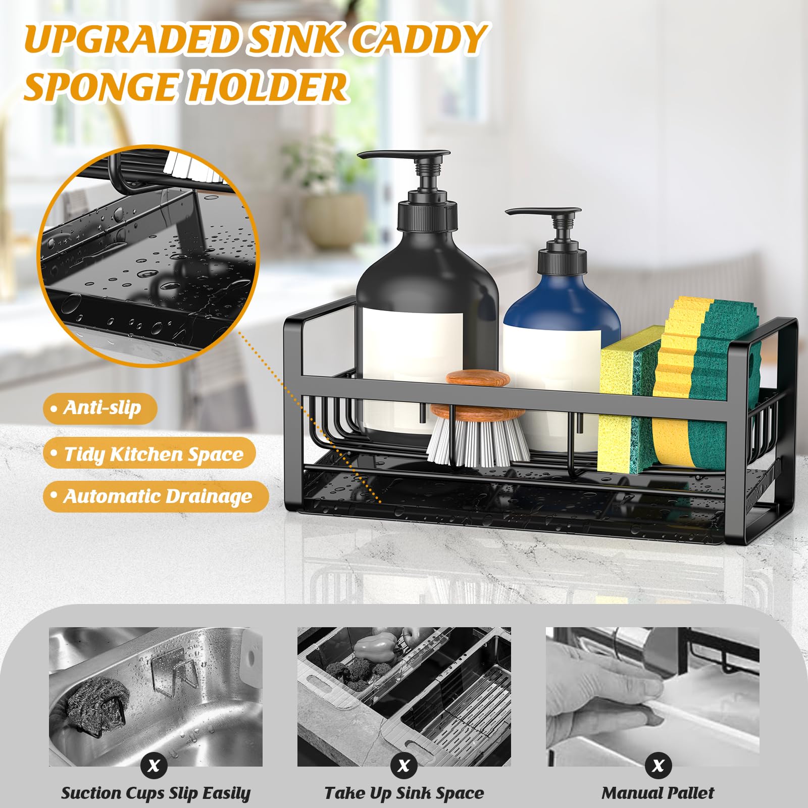 Kontoyo organizador de fregadero en acero inoxidable negro resistente y duradero