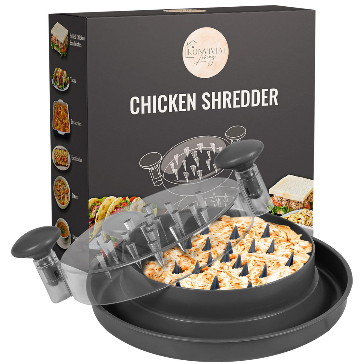 Konvivial Living desgranador de pollo cocido para deshilachar rápido y uniforme.