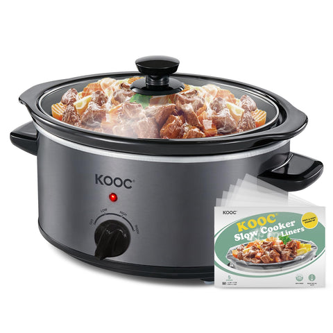 KOOC Olla Lenta 4 Qt, exterior gris, diseño compacto ideal para comidas diarias.