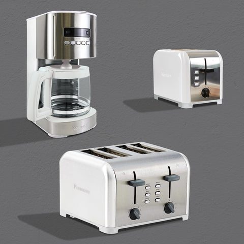 Koolatron cafetera goteo, diseño blanco compacto para cocinas modernas.
