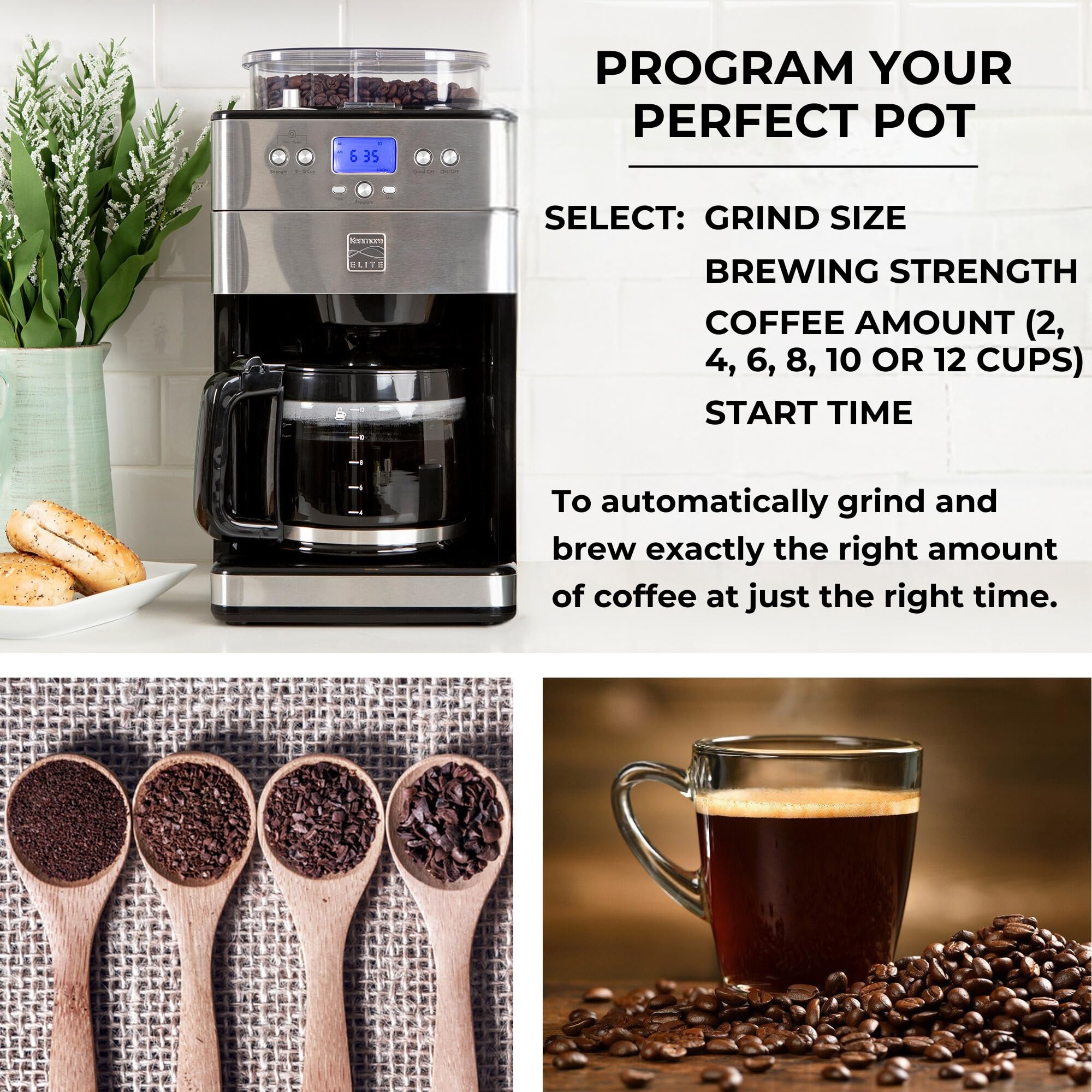 Koolatron Kenmore Elite admite granos enteros o café molido para flexibilidad.