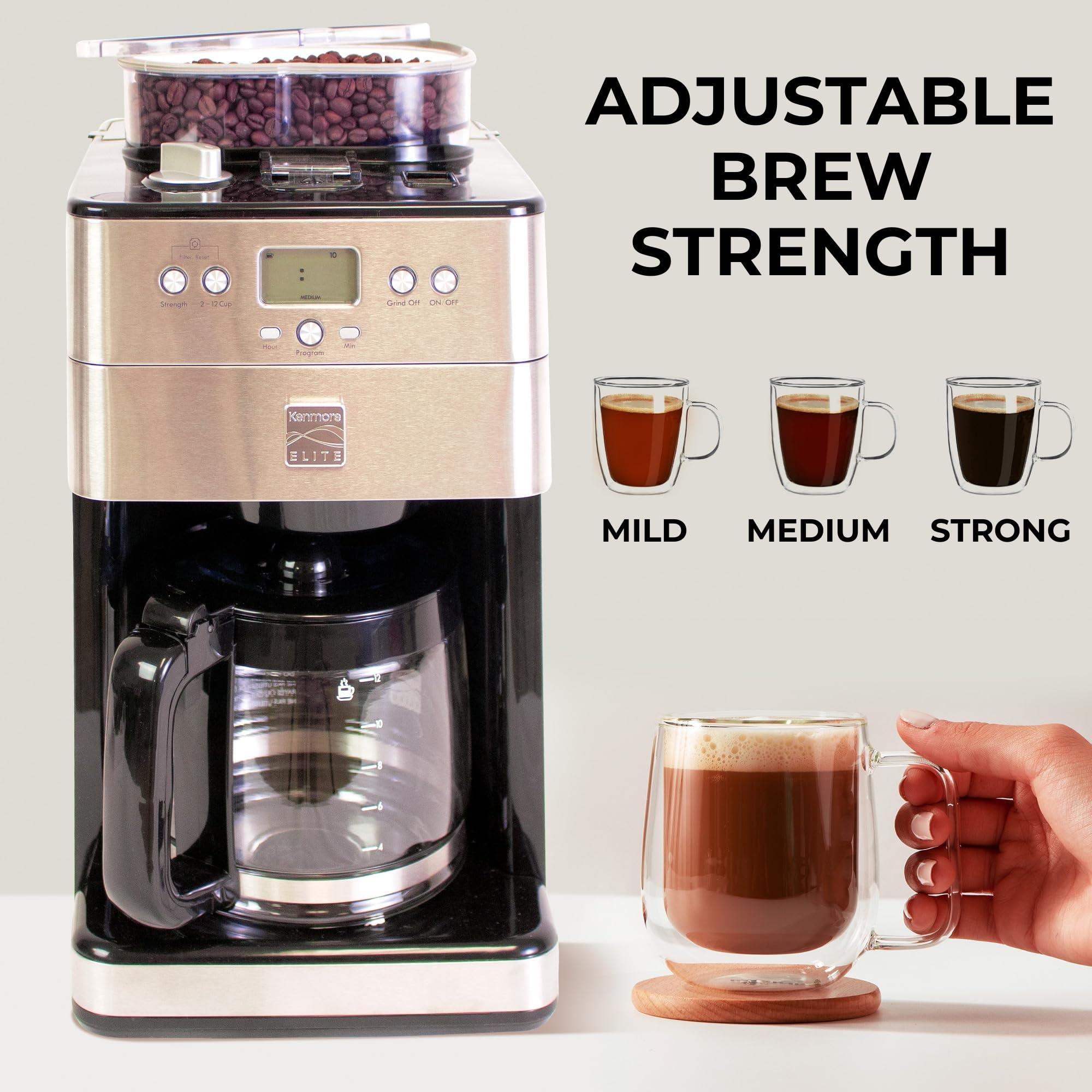 Koolatron Kenmore Elite usando granos enteros para sabor más fresco.