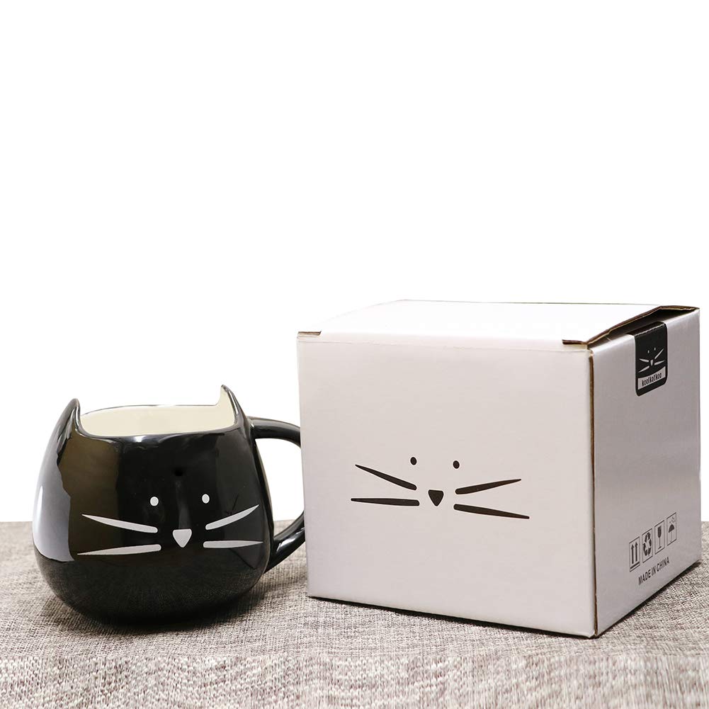 Taza Koolkatkoo negra vista lateral, diseño adorable para amantes de gatos.