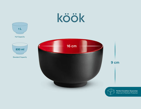 KooK juego de 4 tazones, diseño tradicional negro con interior color