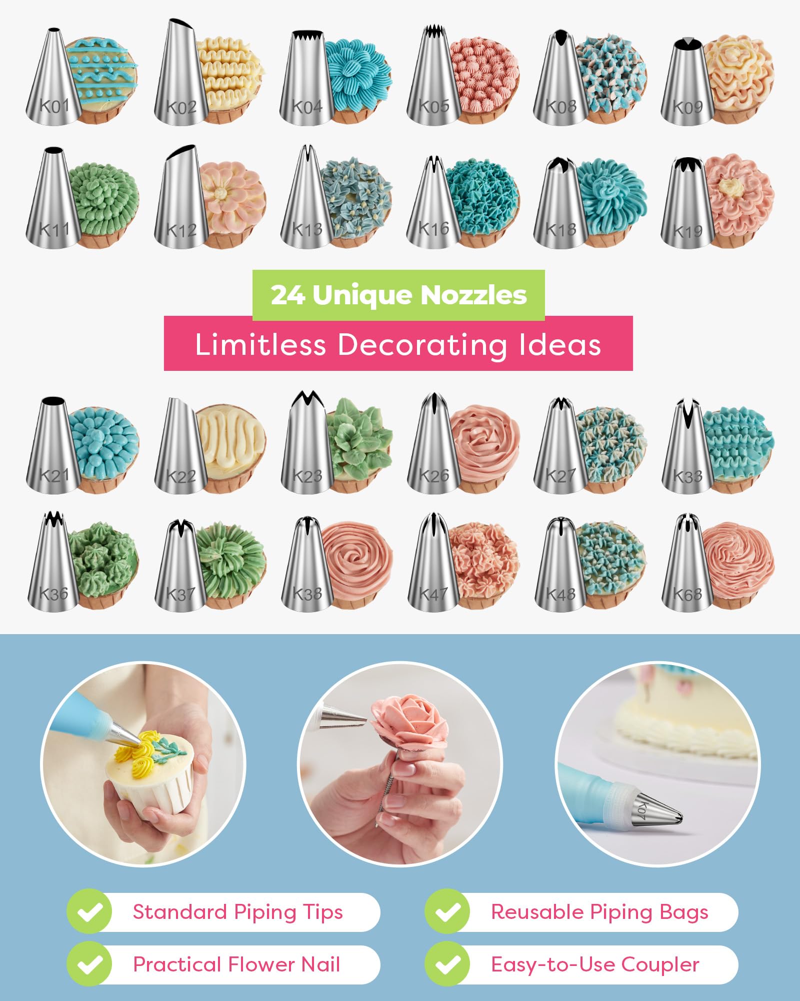 Kootek boquillas numeradas 24 diseños para decorar cupcakes y tortas