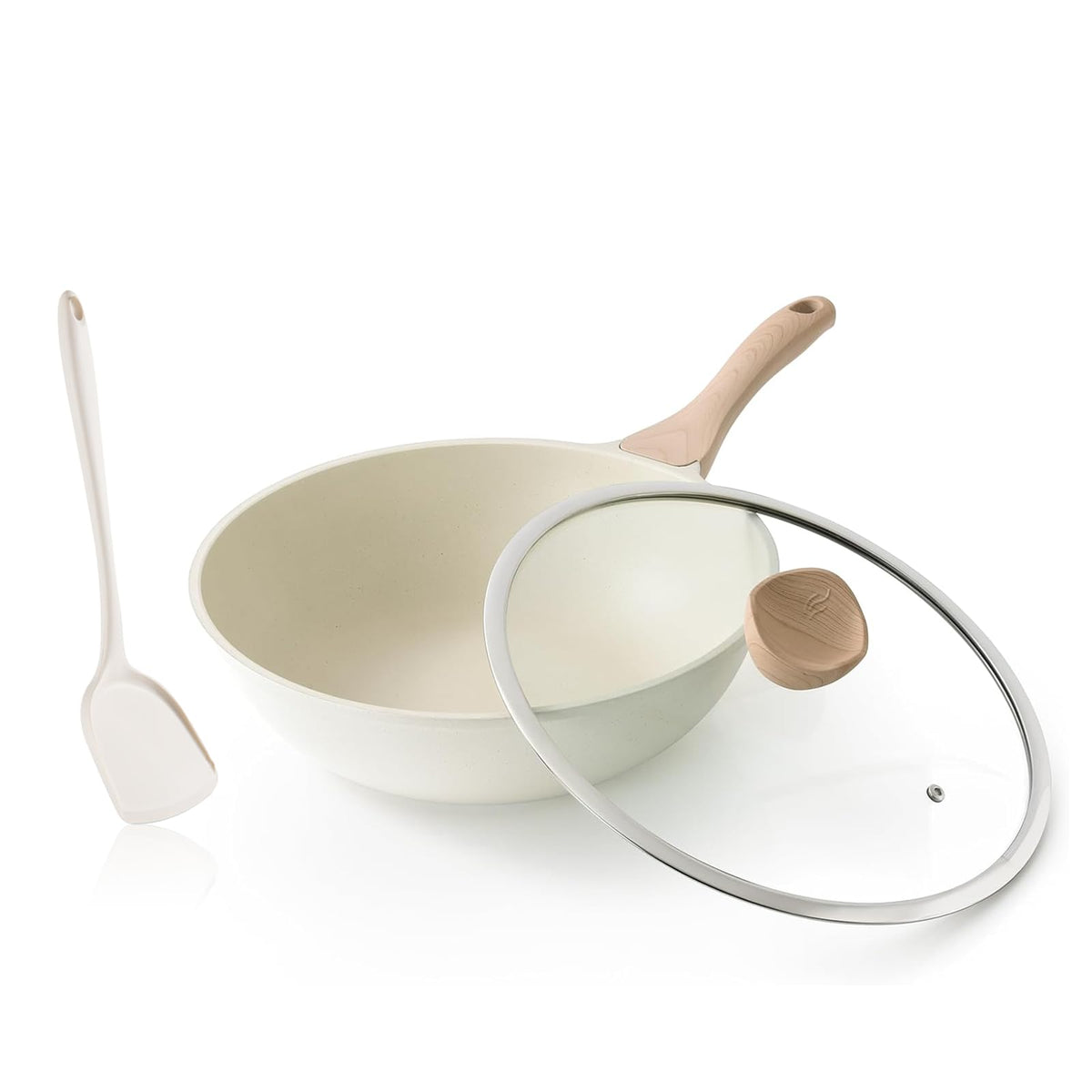 Wok Kordisen con recubrimiento cerámico antiadherente y tapa de vidrio, cocina limpia y sin esfuerzo.