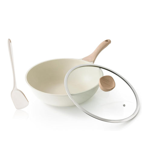 Wok Kordisen con recubrimiento cerámico antiadherente y tapa de vidrio, cocina limpia y sin esfuerzo.