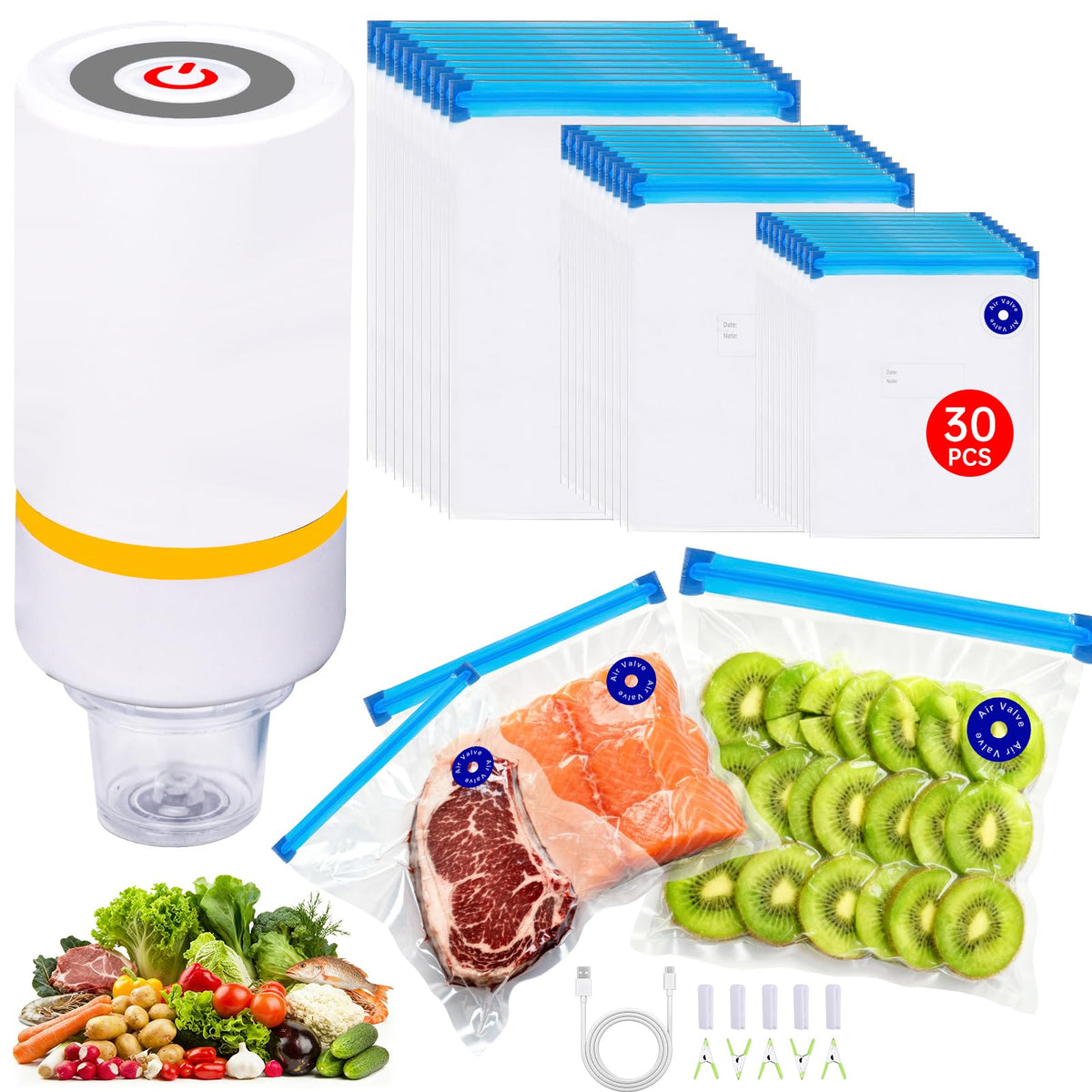 Kosbon sous vide set 42 piezas con bolsas reutilizables para conservación.