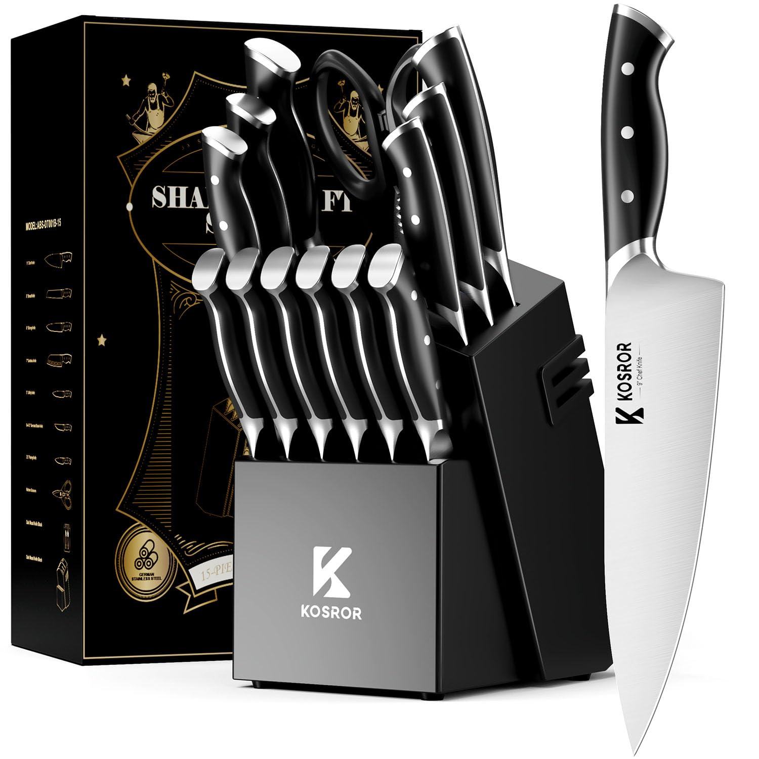 Kosror ShadowCraft: juego de cuchillos en bloque de madera para almacenamiento ordenado.
