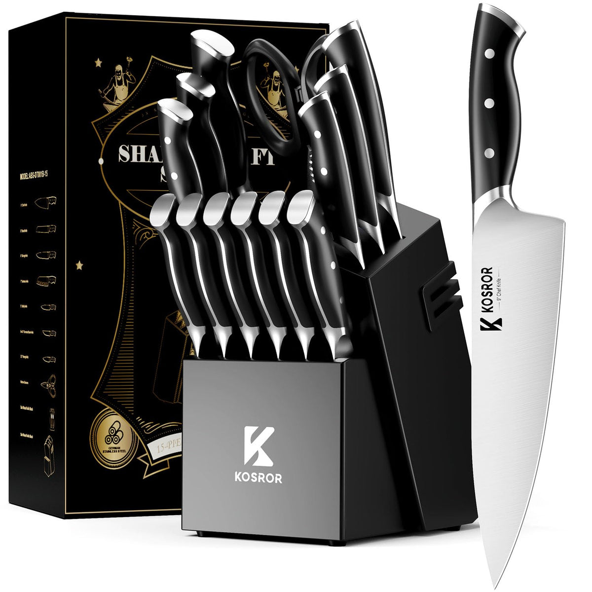Kosror ShadowCraft: juego de cuchillos en bloque de madera para almacenamiento ordenado.