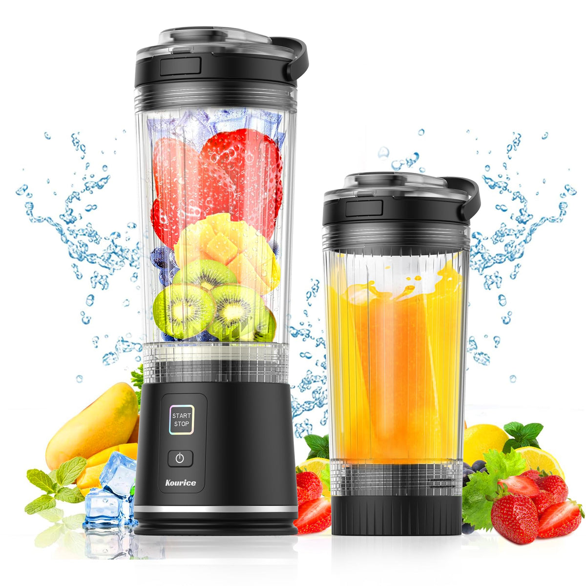 Licuadora Kourice portátil con tapa para llevar, ideal para bebidas rápidas fuera de casa.