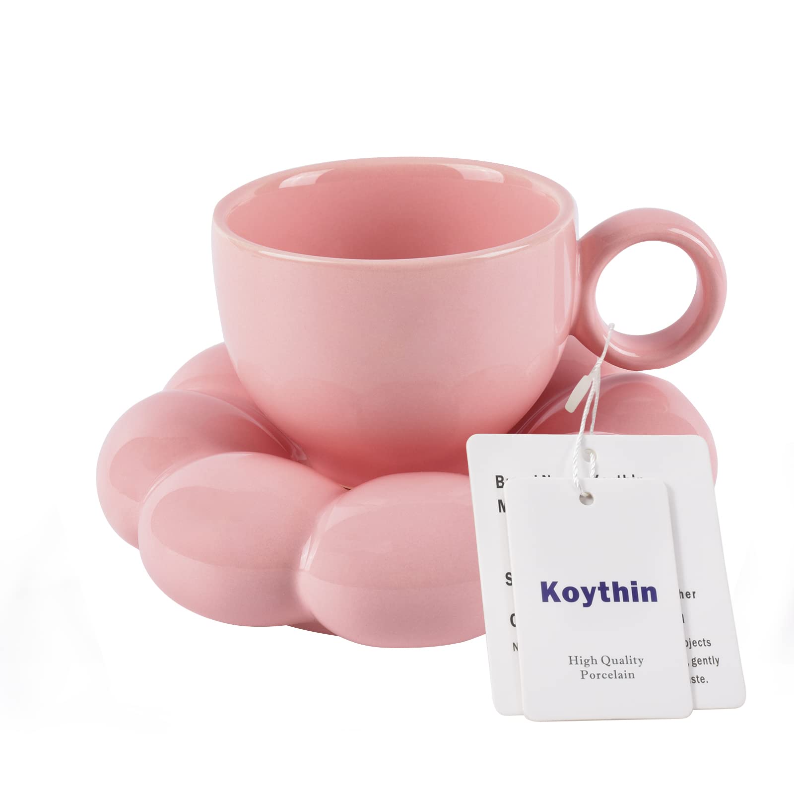 Taza cerámica Koythin con platito flor, ideal para disfrutar café en casa.