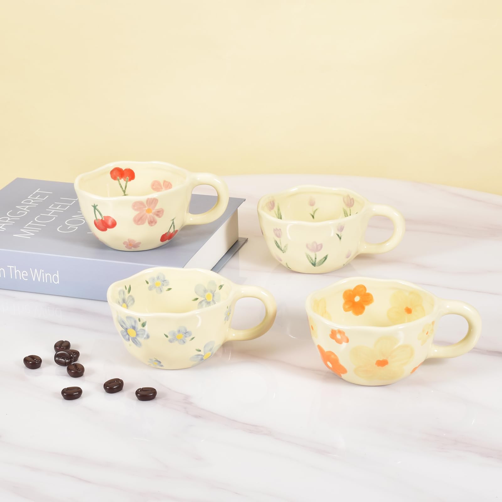 Koythin tazas cerámica 4 piezas morado tulipán: diseño elegante para café en casa