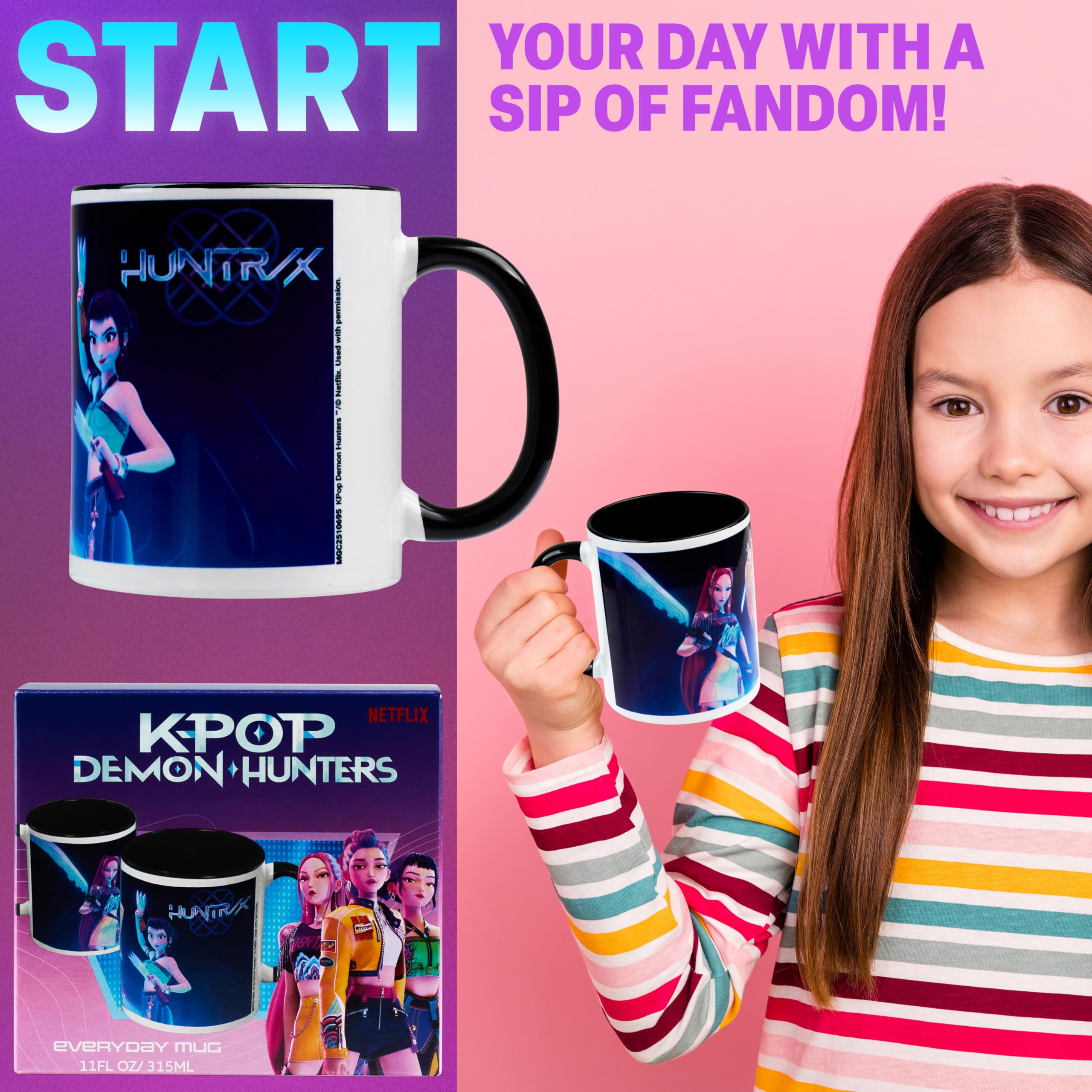 Taza de cerámica 11 oz de KPop Demon Hunters en negro, ideal para bebidas.