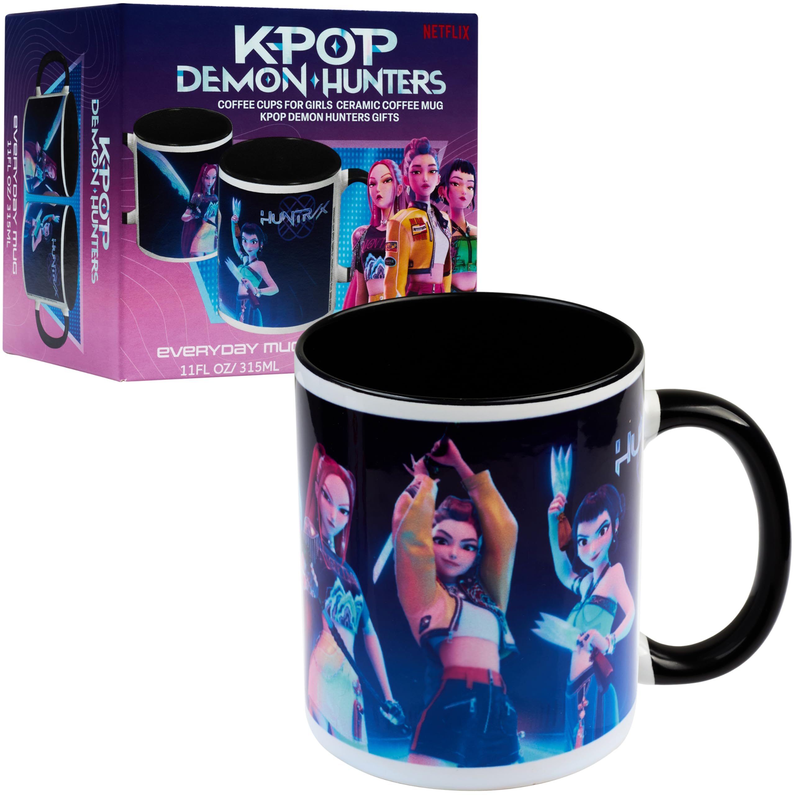Taza KPop Demon Hunters con dibujo frontal de personajes para coleccionistas.