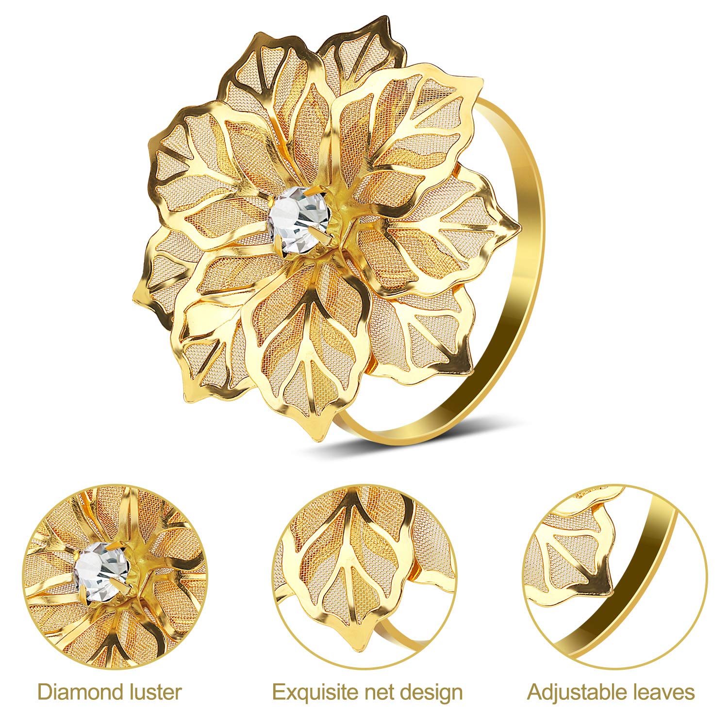 Material metal resistente con acabado dorado que realza la mesa.