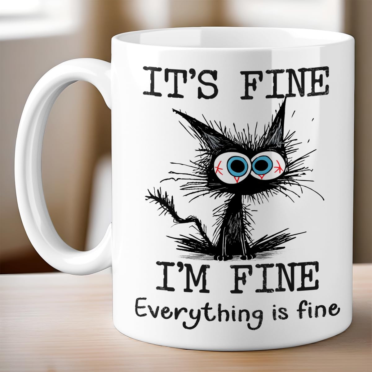 Taza Kraftiful gato negro lateral mostrando la frase, perfecta para la oficina.