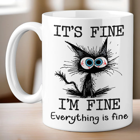 Taza Kraftiful gato negro lateral mostrando la frase, perfecta para la oficina.
