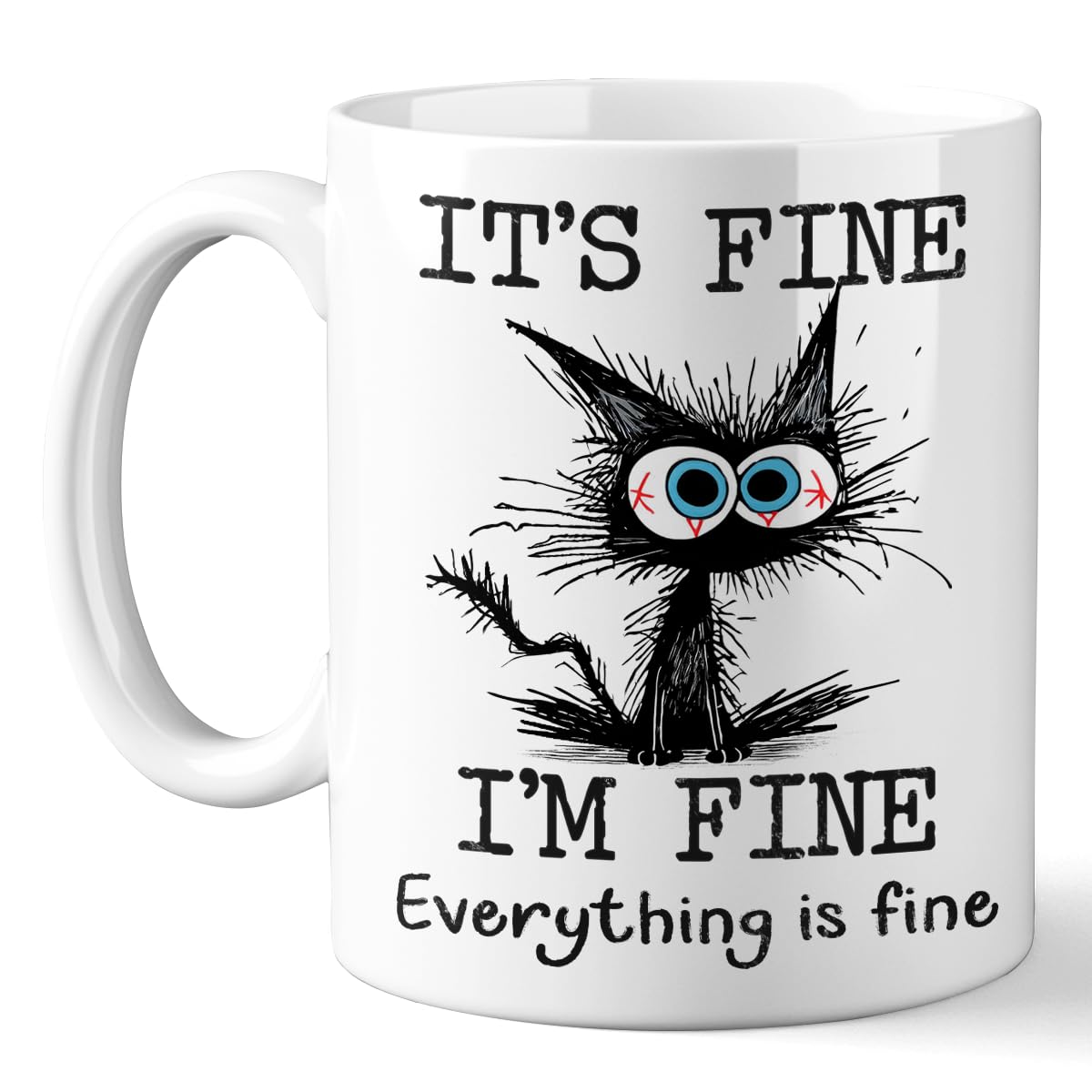 Taza Kraftiful gato negro frontal con frase todo está bien, ideal para café matutino.
