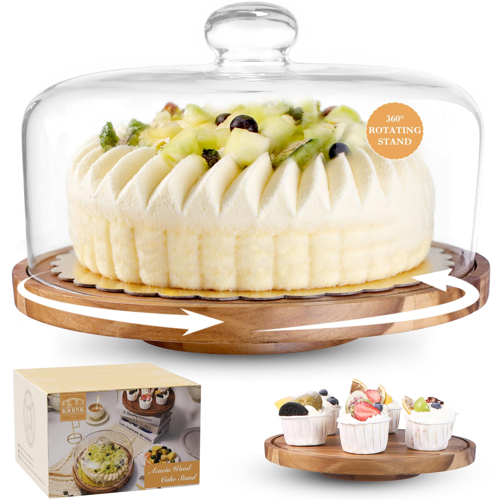 Krbnk bandeja tarta cristal con domo 12 pulgadas acacia para exhibir postres