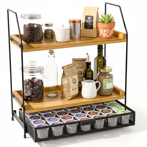 Krbnk estante de dos niveles para cápsulas, optimiza la organización de K-Cup y Nespresso.