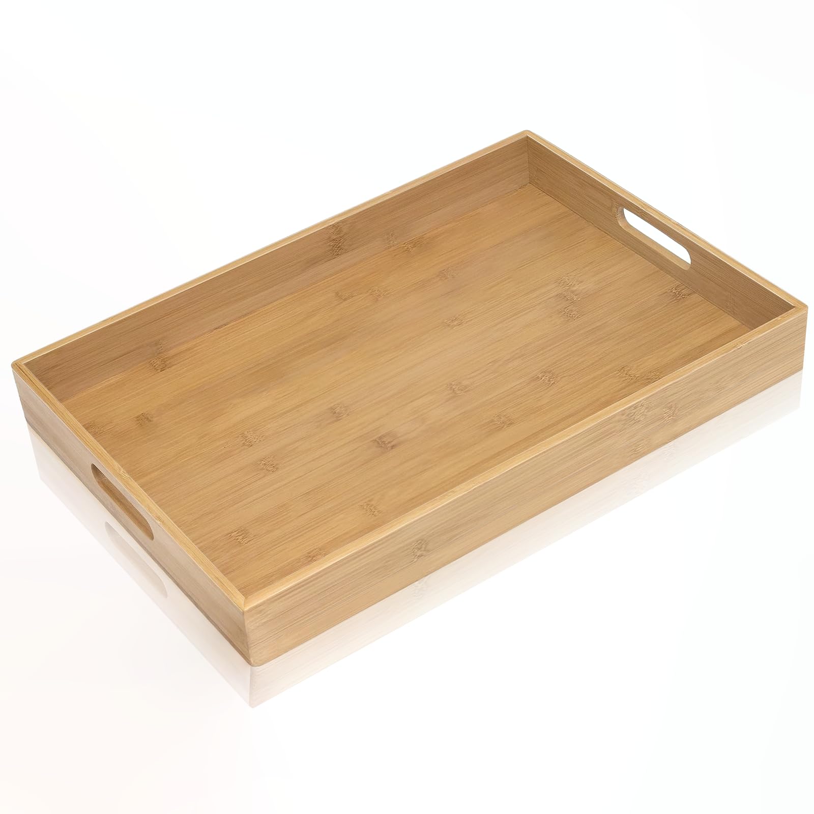 Bandeja Krismax de bambú con manijas, ideal para servir desayunos y mover fácilmente.