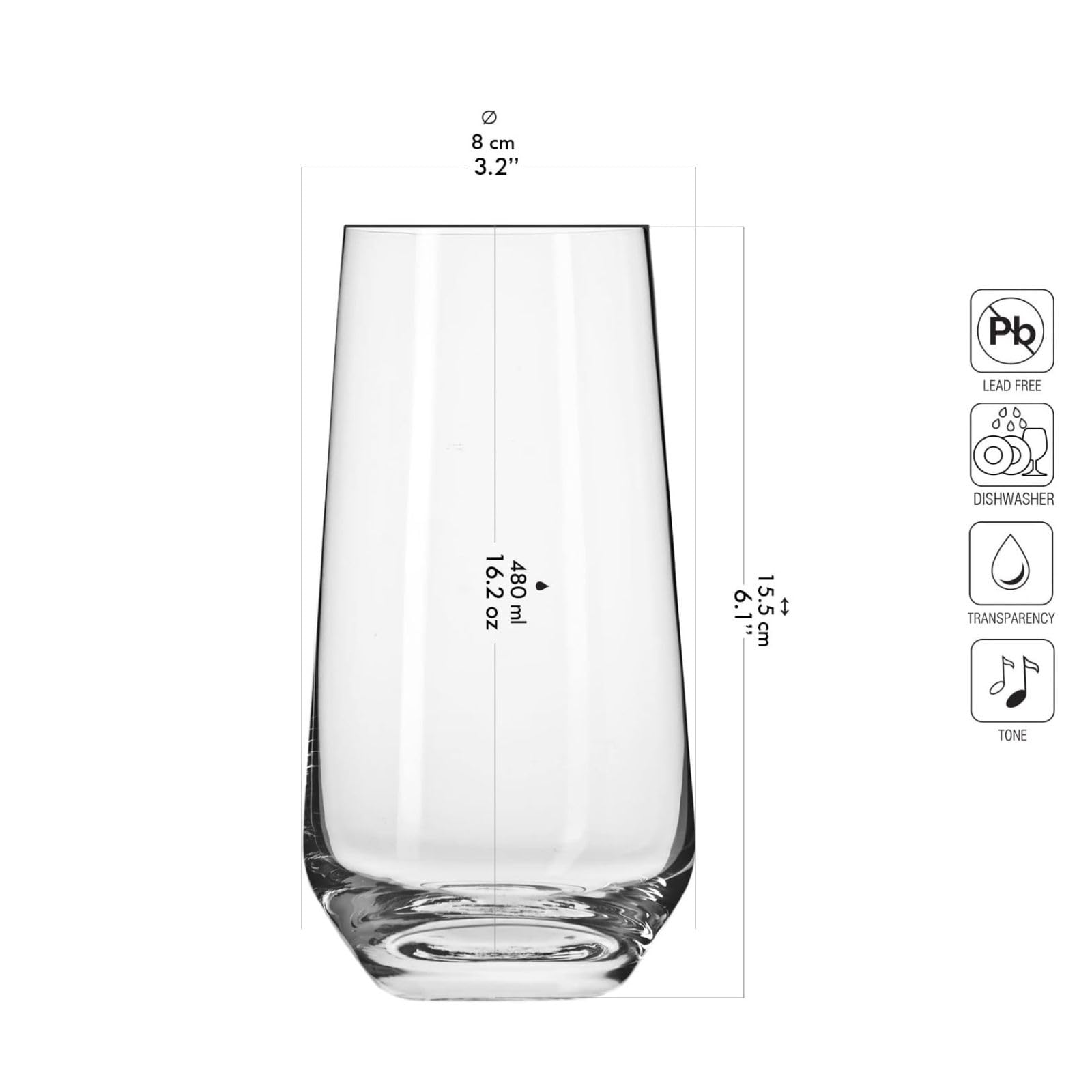 Vaso alto Splendour para zumos, cristal claro y boca reforzada.