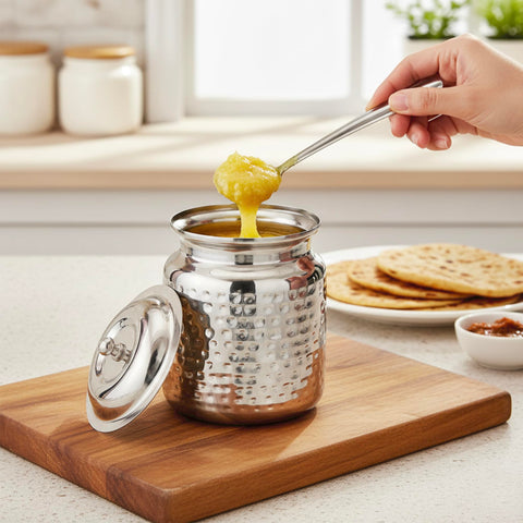 KSJONE contenedor ghee de acero inoxidable martillado para almacenamiento seguro.