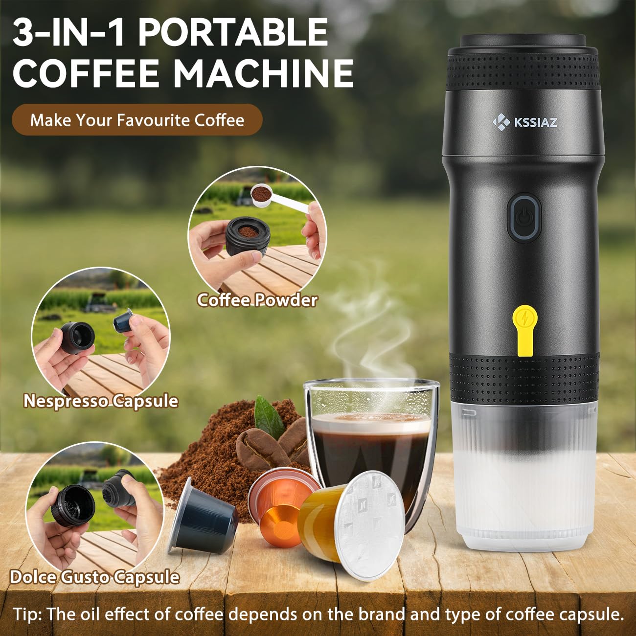 Kssiaz espresso portátil, compatible con cápsulas para comodidad en viaje.