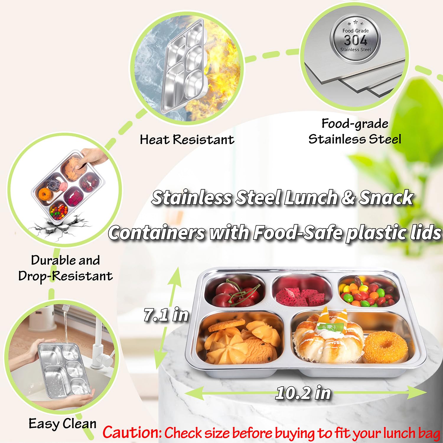KTKUDY contenedor bento de cinco compartimentos para meriendas variadas.