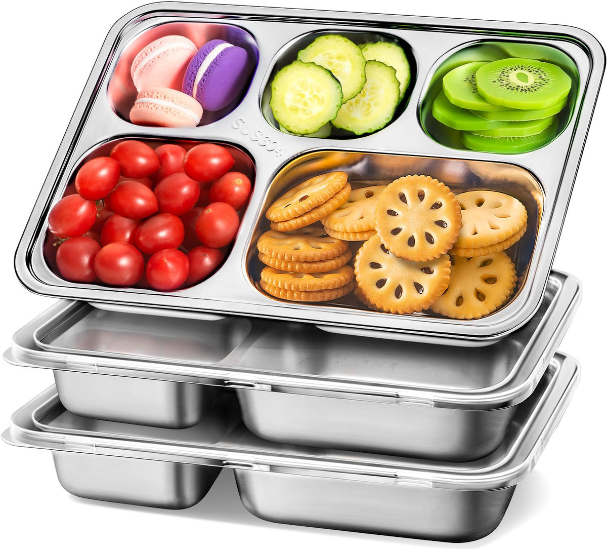 Contenedor KTKUDY de acero inoxidable con tapas, ideal para meriendas seguras y prácticas.