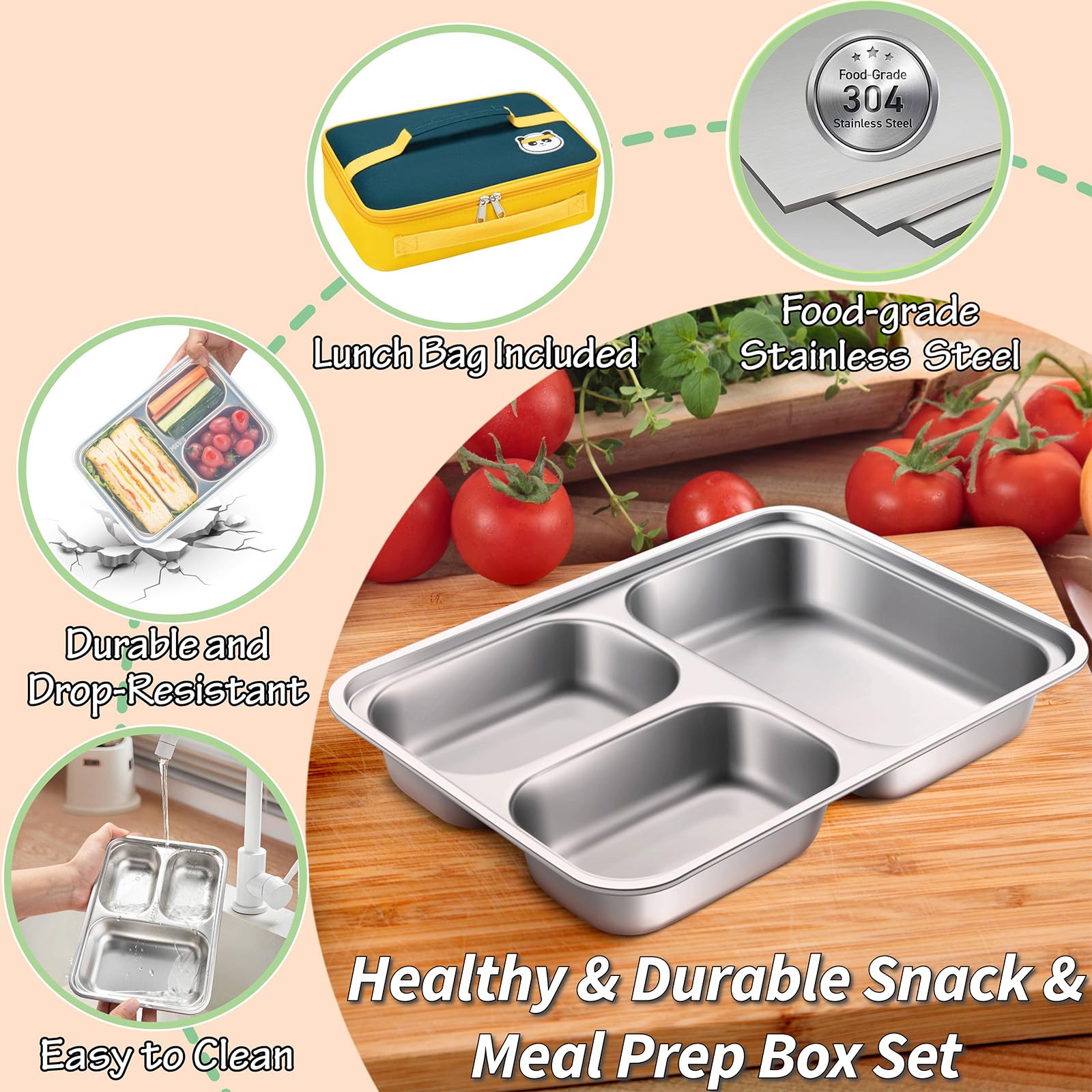 KTKUDY caja bento de acero para niños con 3 compartimentos bien separados