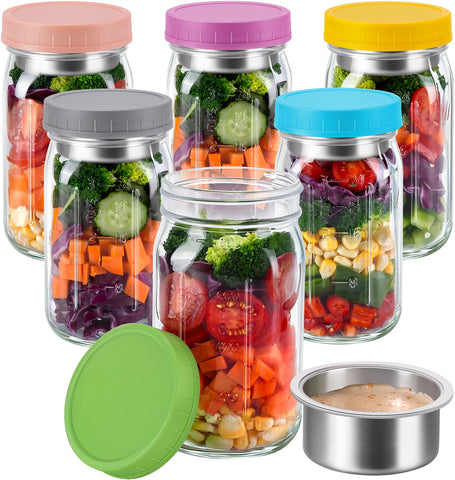 KTKUDY jarras de vidrio 32 oz con aderezo separado para ensaladas listas para llevar