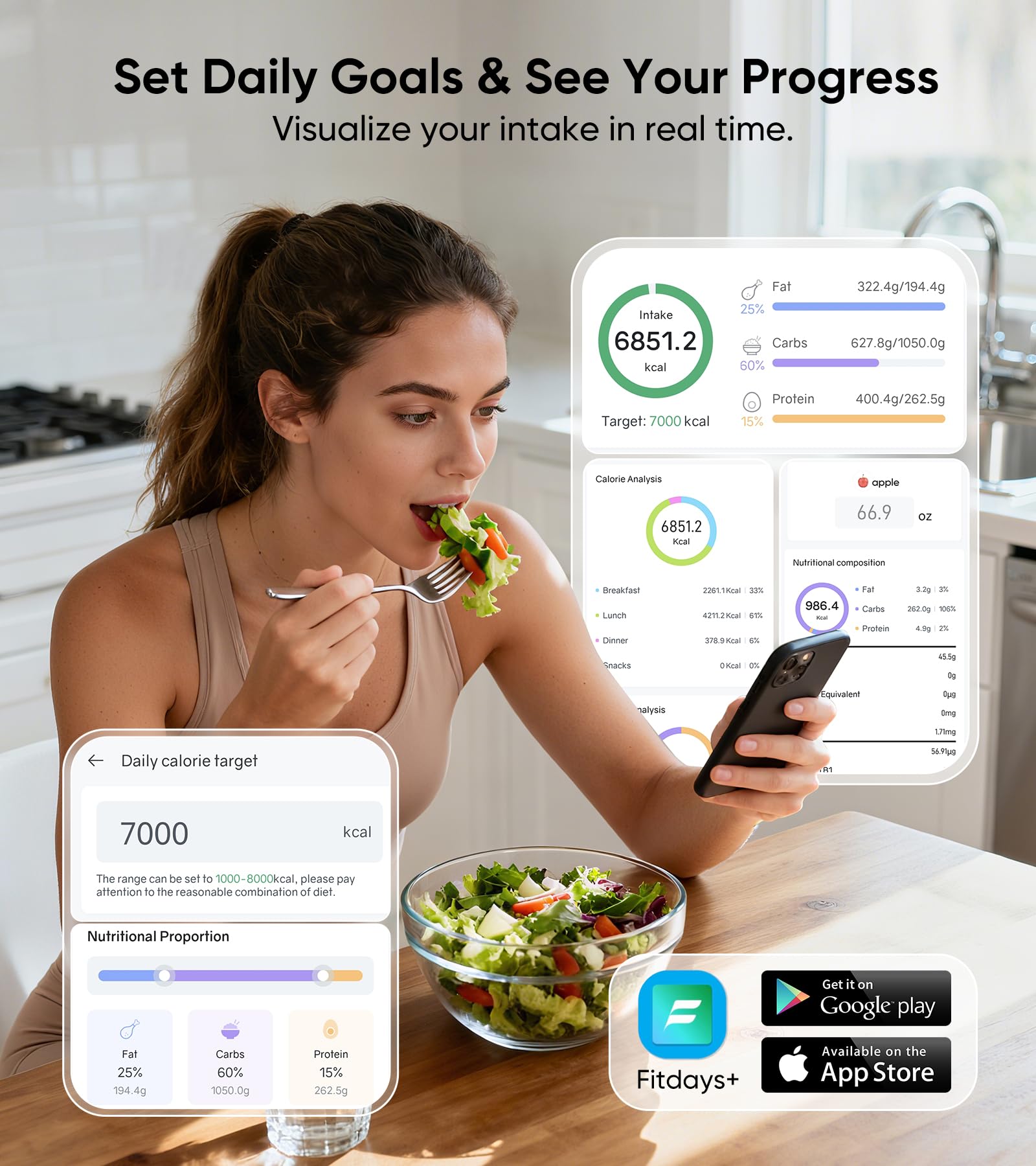 La aplicación registra seguimiento diario de nutrición y progreso