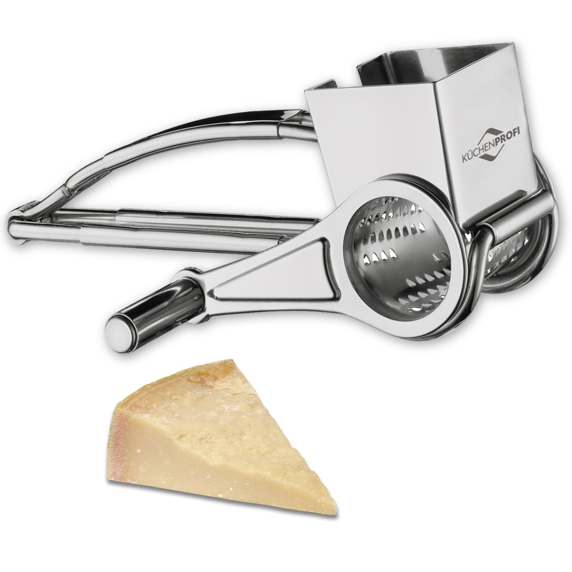 Küchenprofi rallador giratorio en acero inoxidable, ideal para parmesano.