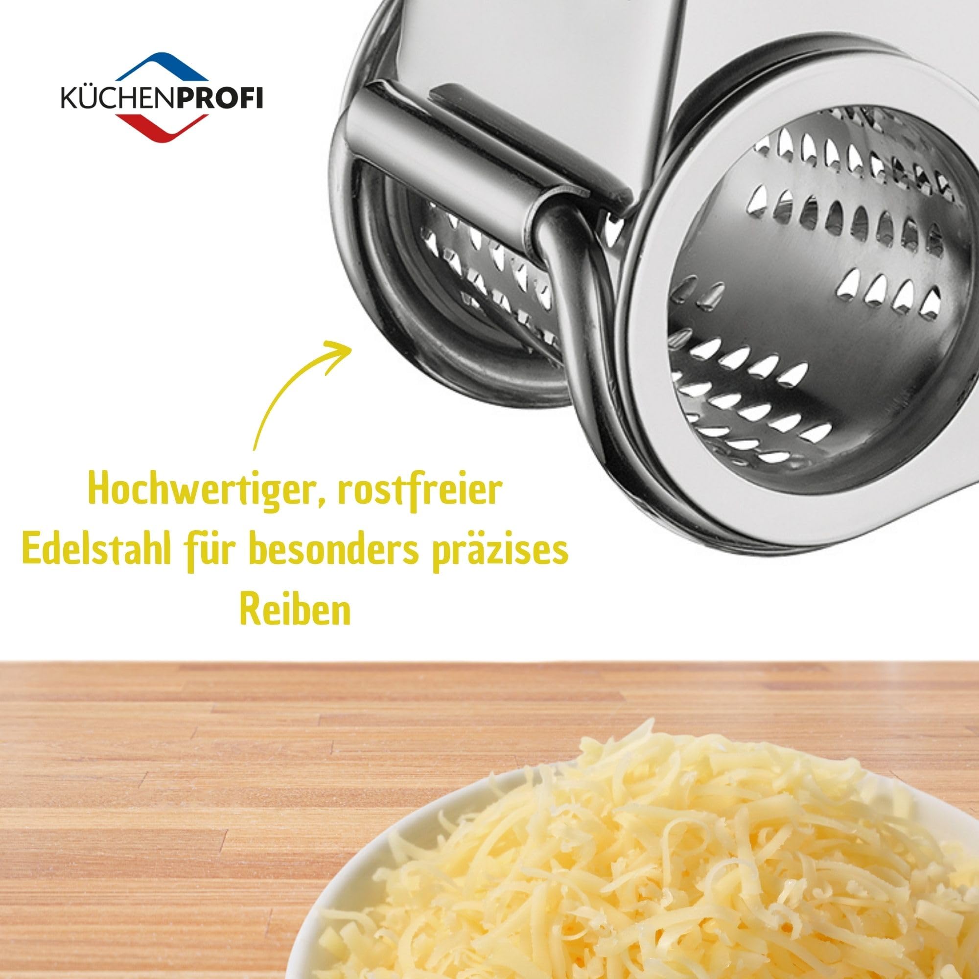 Rallador Küchenprofi con diseño ergonómico, uso cómodo para ambas manos.