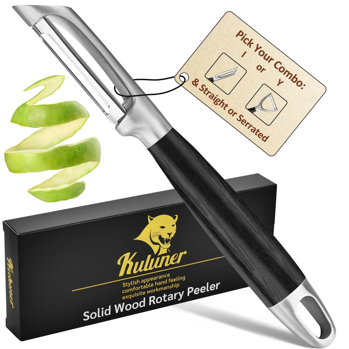 KULUNER pelador de cocina con mango de madera y hoja 304 resistente.