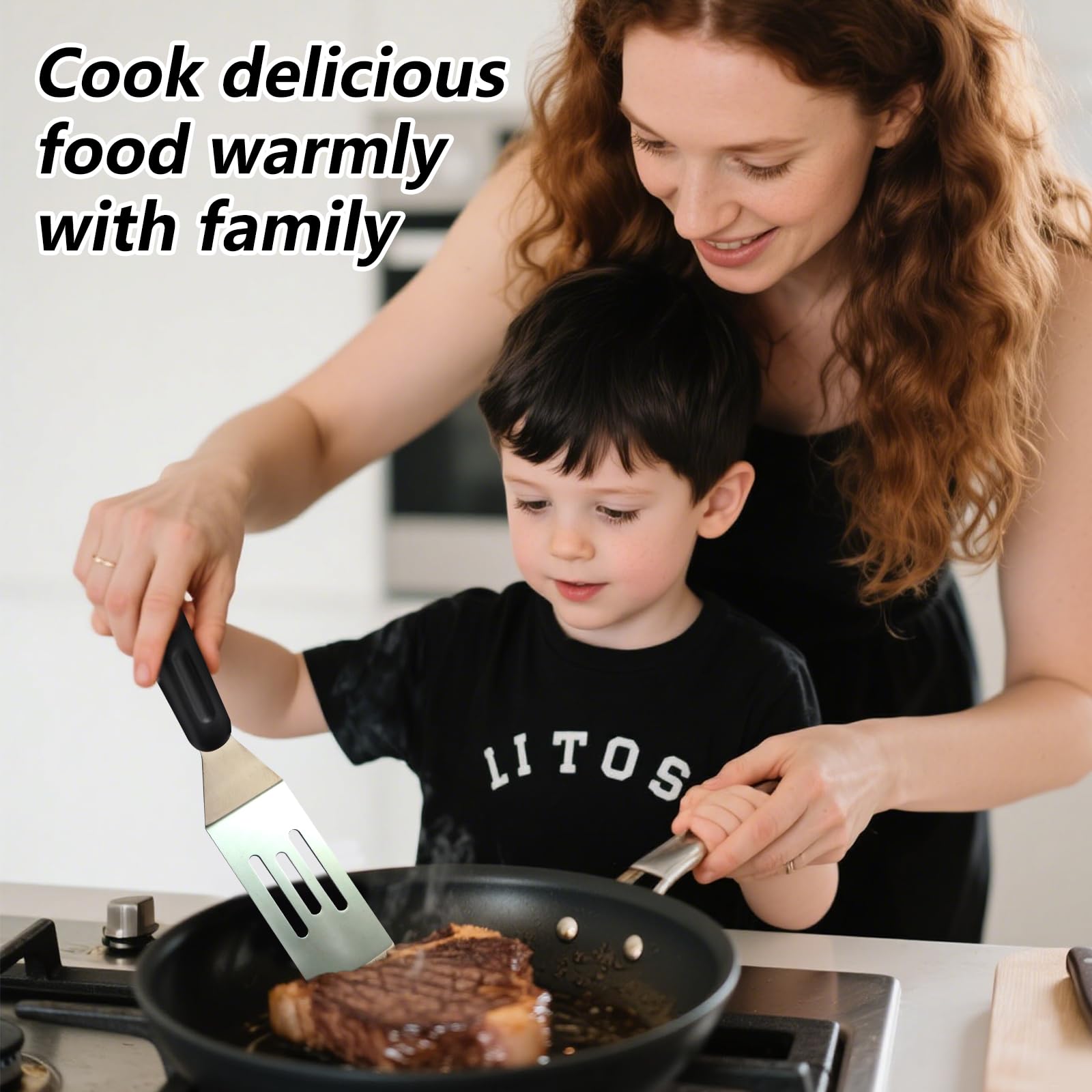 Espátula mini de metal Kunovo con mango antideslizante para cocinar con seguridad.