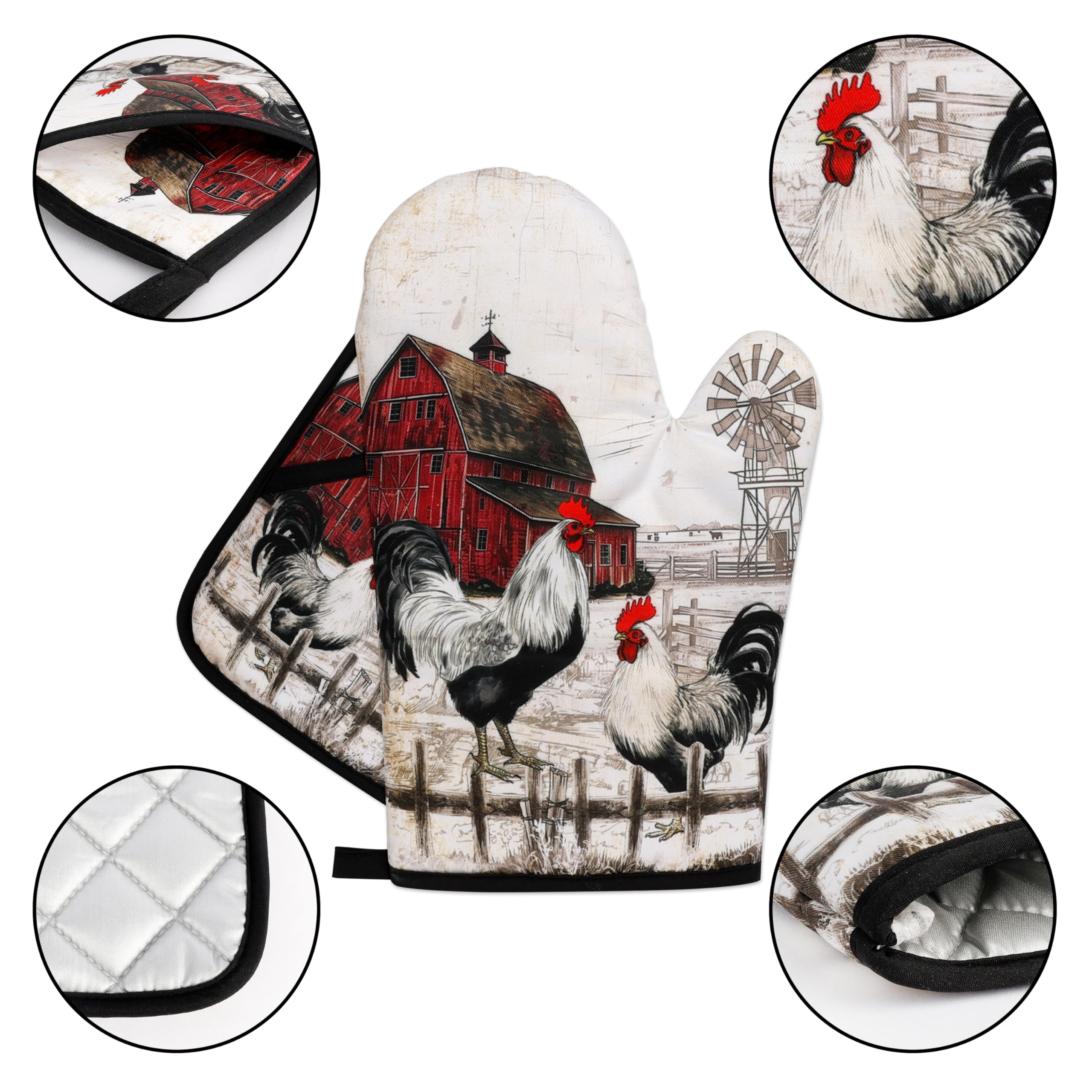 Detalle colorido del patrón gallo en guantes y agarraderas Kupenya