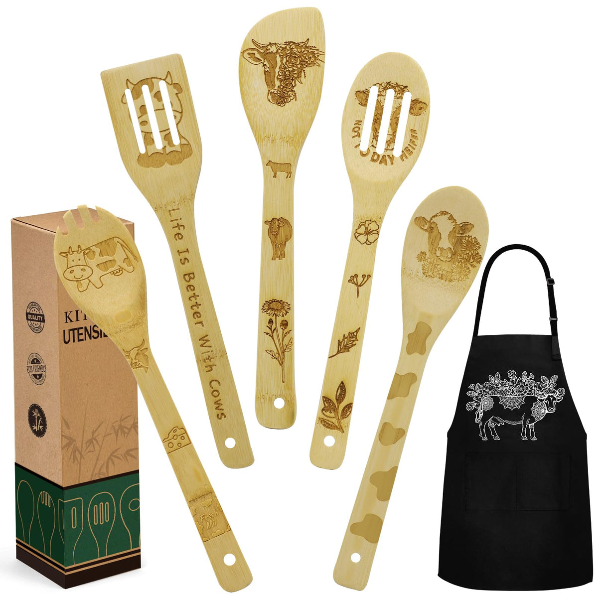Kupnos utensilios de cocina en bambú con diseño de vaca, ideales para uso diario.