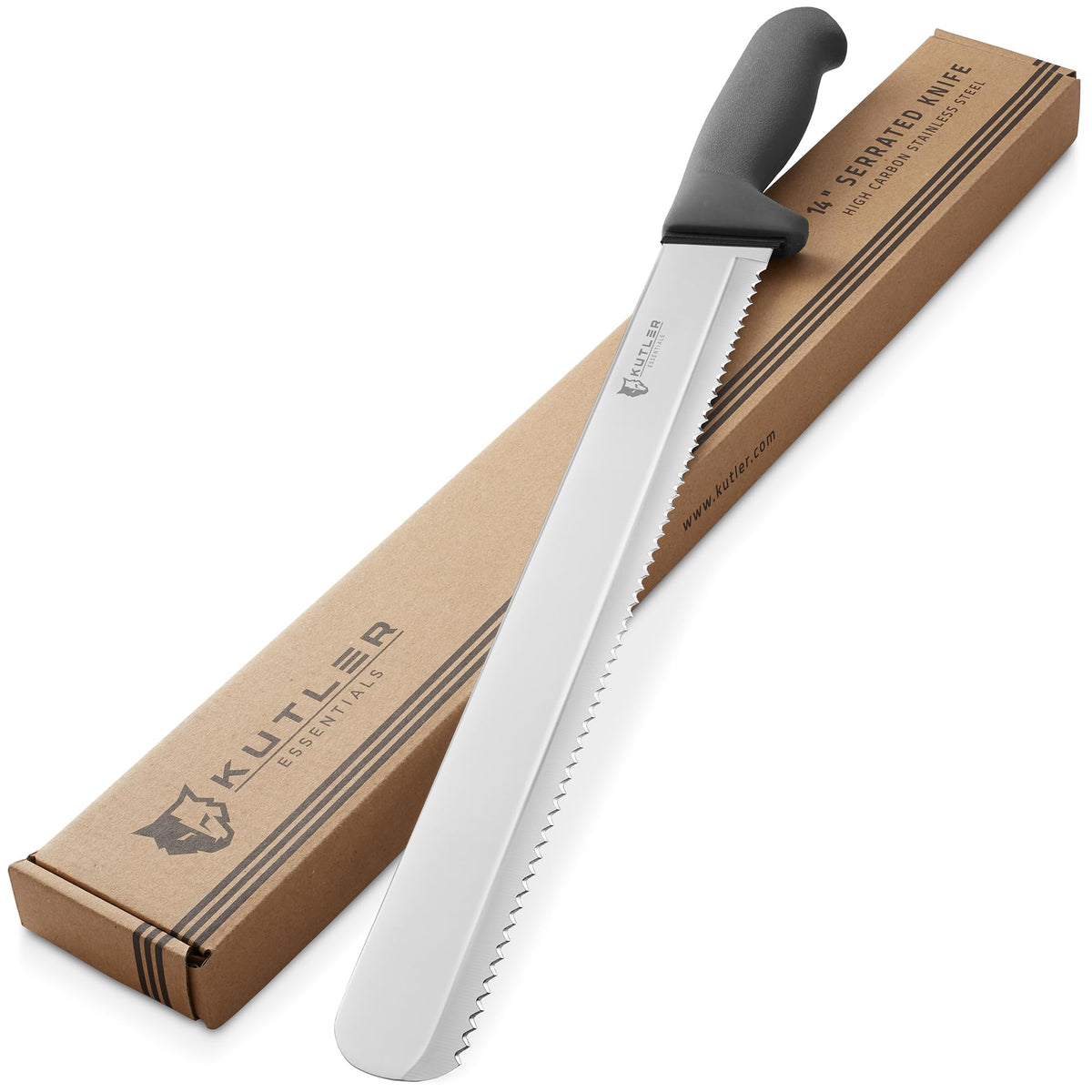 Cuchillo pan KUTLER de 14 pulgadas con borde serrado para cortes limpios del pan.