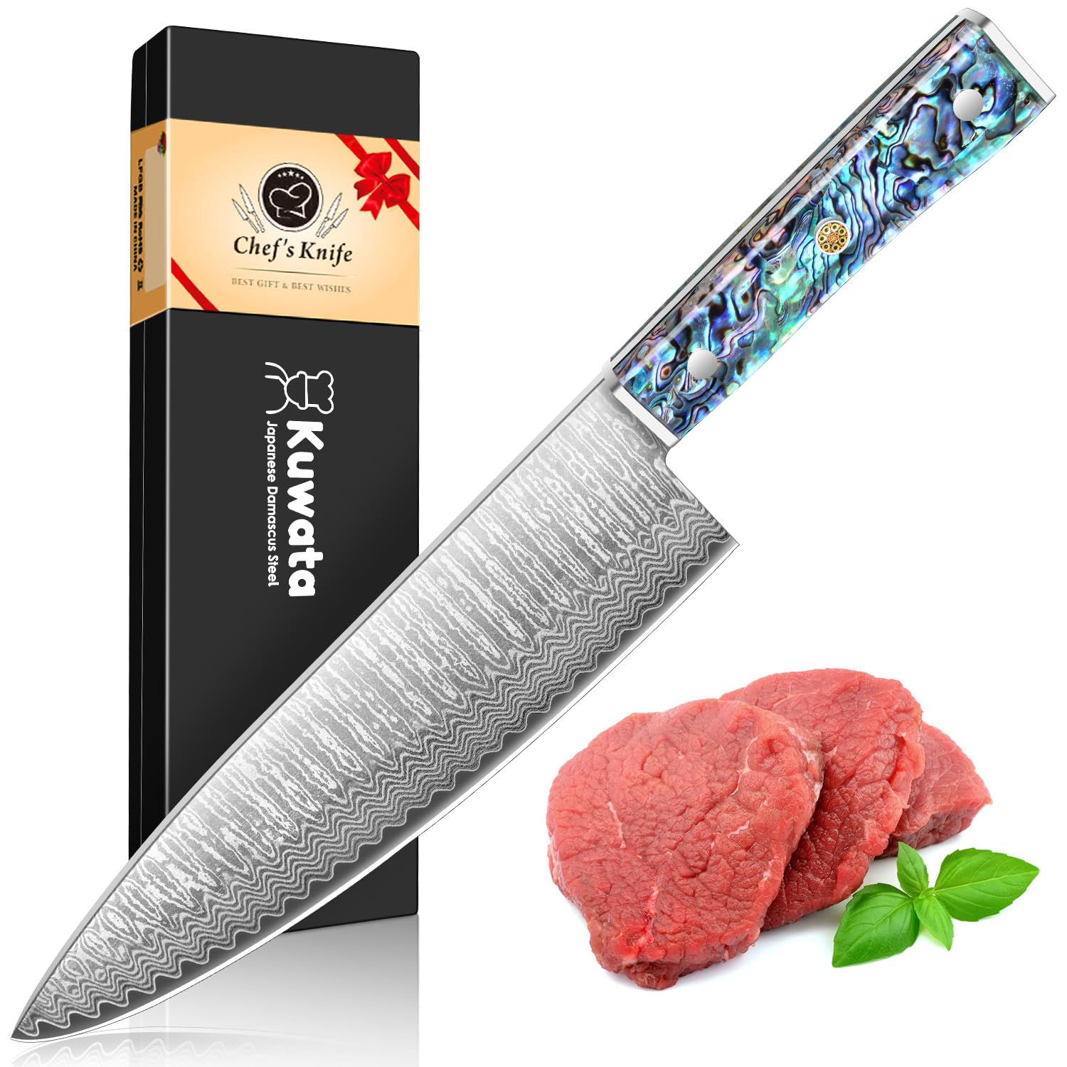Cuchillo Kuwata Damascus 8 pulgadas con patrón martillado para cortes fluidos