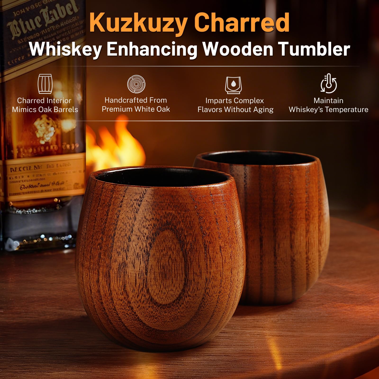 Vaso KUZKUZY whisky madera carbonizada, agarre ergonomico para uso diario